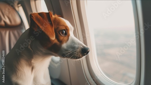 Funny dog sit in plane cabin looking sky out the window. Animal passenger enjoy flight. Airplane transportation. Doggy traveler trip. Excited pet tourist fly to his destination. Comfort business class