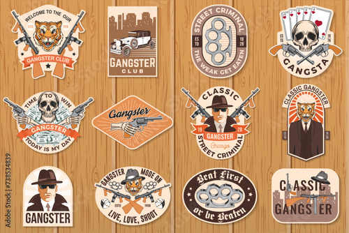Set of American gangster club badge, patch, sticker design. Vector illustration. Vintage monochrome label, sticker, patch with gangster, submachine gun and tiger gangster skull silhouettes.