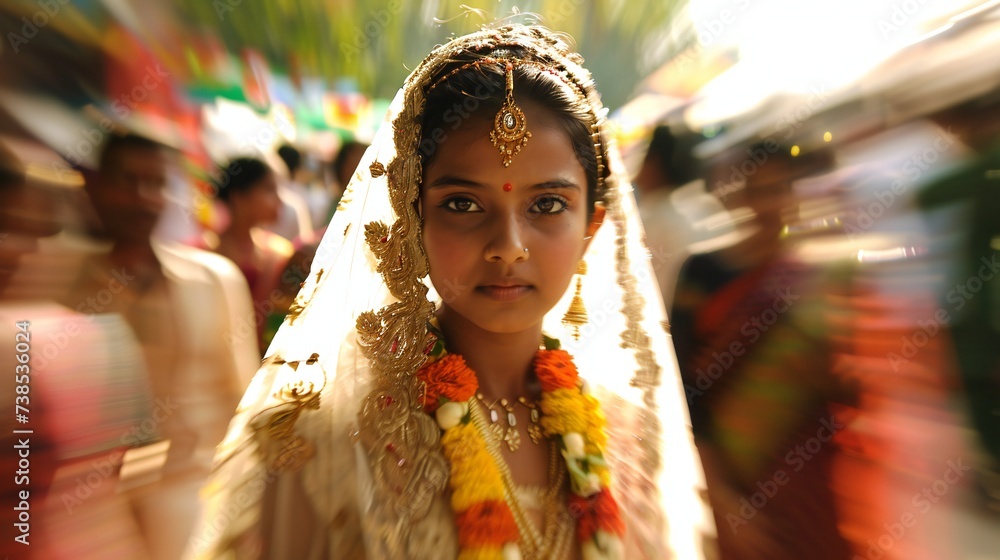 Amidst the jubilant chaos, a bride walks alone in isolation. A concept of child marriage. Amidst the jubilant chaos, a bride walks alone in isolation. A concept of child marriage.