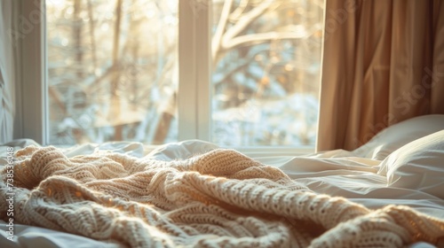 A bed with a blanket and bedding in beige tones against the background of a window. Quiet luxury concept