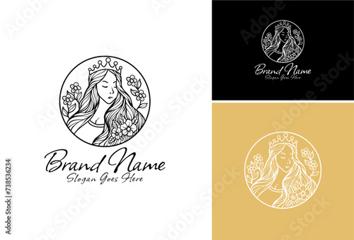 Feminine Queen with crown and flowers. Luxurious Queen icon design. Beautiful queen woman set logo template. 