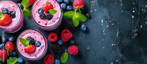 Yogurt smoothies with a variety of berries on the table.