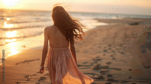 A young beautiful girl in a dress walks along the beach. The concept of quiet luxury.