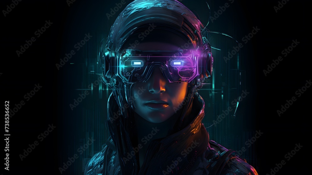 female hacker, the glow of virtual reality interfaces reflecting in her virtual helmet