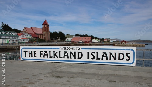 Welcoming sign at Stanley, aka Port Stanley, capital of the Falkland Islands.