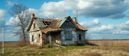 Dilapidated rural house with damaged roof and windows. © Sona