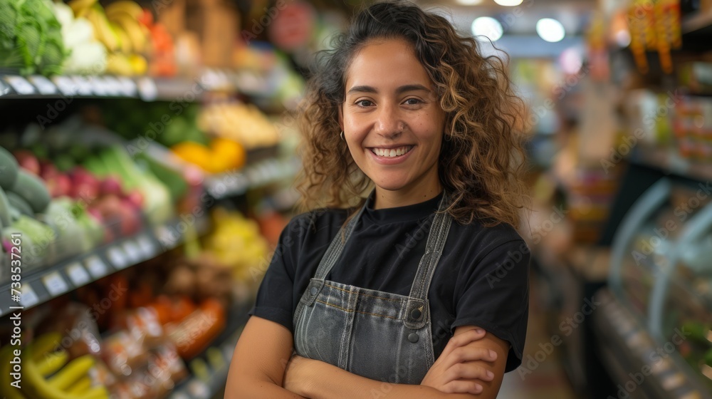 A welcoming grocery store worker smiles at the camera, standing in an aisle with a variety of fresh produce.