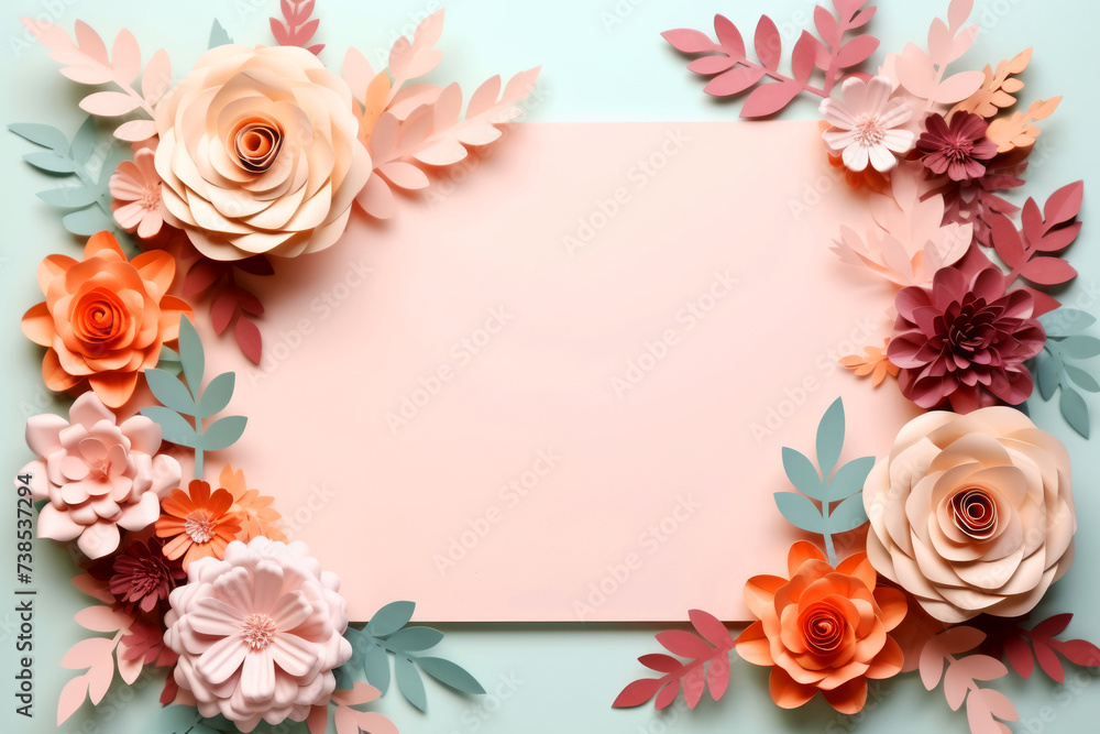 A handmade paper flower frame with a central blank space, set against a soft pastel background for text or display.