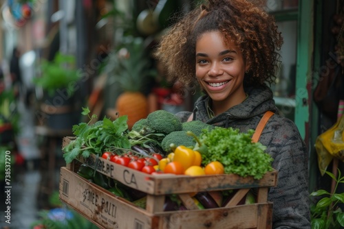 A smiling vendor at a farmers market offers a selection of fresh, colorful vegetables to customers.