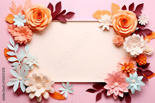 A handmade paper flower frame with a central blank space, set against a soft pastel background for text or display.