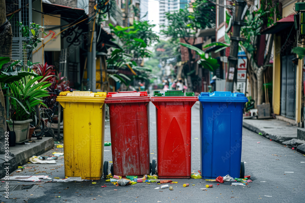 Colorful recycling bins in a row on a sunny city street, encouraging urban environmental responsibility. Colorful recycling bins in a row on a sunny city street, encouraging urban environmental responsibility.