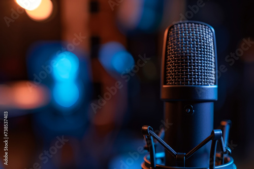 A high-quality studio microphone poised for recording, with a bokeh of blue studio lights in the background.