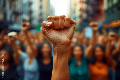 A powerful raised fist symbolizing solidarity and strength stands out in a crowd of demonstrators.
