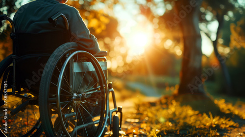 A lone individual sits in a wheelchair, hand on wheel, amidst the golden hues of an autumn park.