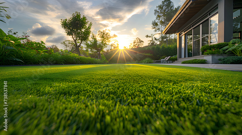 A luxury home backyard with a beautiful lawn at sunset. photo
