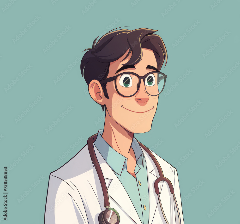 Fototapeta premium A cartoon doctor, featuring minimalistic symmetry, colorist aesthetics, sparse and simple elements, and bold chromaticity in light blue and bronze hues.