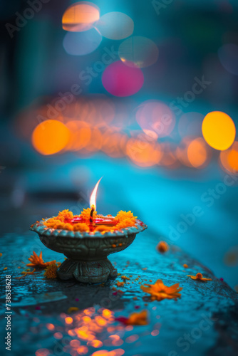 A candle, standing on a stone in a dark street, is set against a blurred background, embodying the intersection of art and architecture in light teal and light gold hues