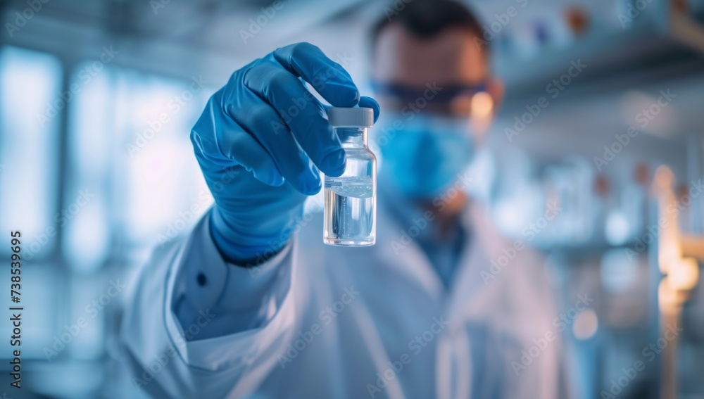 A scientist is holding an experimental medicine, captured with tilt-shift photography and close-up shots, reflecting minimalist purity in light azure hues. A scientist is holding an experimental medicine, captured with tilt-shift photography and close-up shots, reflecting minimalist purity in light azure hues.