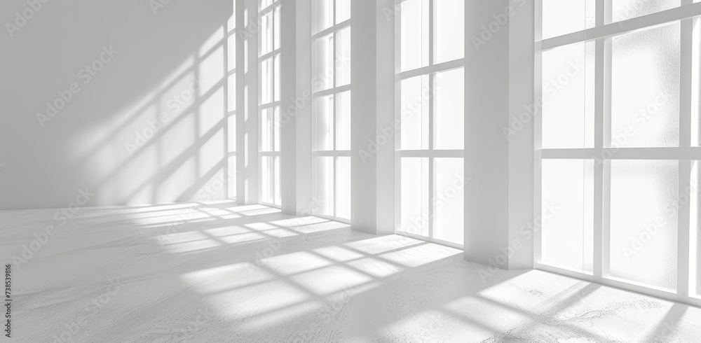 Obraz premium A white wall is showing a light passing through the windows, featuring abstract lines, dramatic shadows, a matte photo, and minimalistic abstraction.