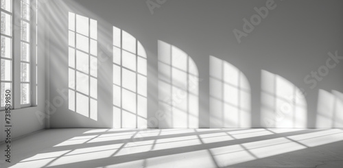 A white wall is showing a light passing through the windows, featuring abstract lines, dramatic shadows, a matte photo, and minimalistic abstraction.