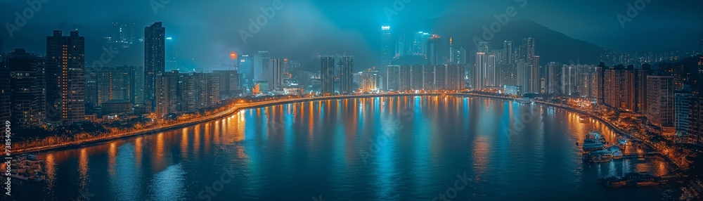 Fototapeta premium Scenic view of night city lying around the bay. Lights of big town. Aerial view from top.