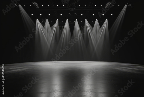An empty stage is presented with a black background and illuminating spotlights, showcasing a monochrome palette, minimalist figuration, and neue sachlichkeit. photo