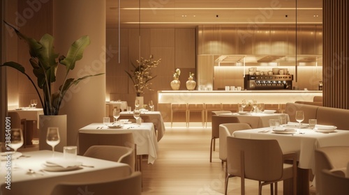 Restaurant interior design in a modern style in warm pastel white and beige colors. silent luxury concept photo