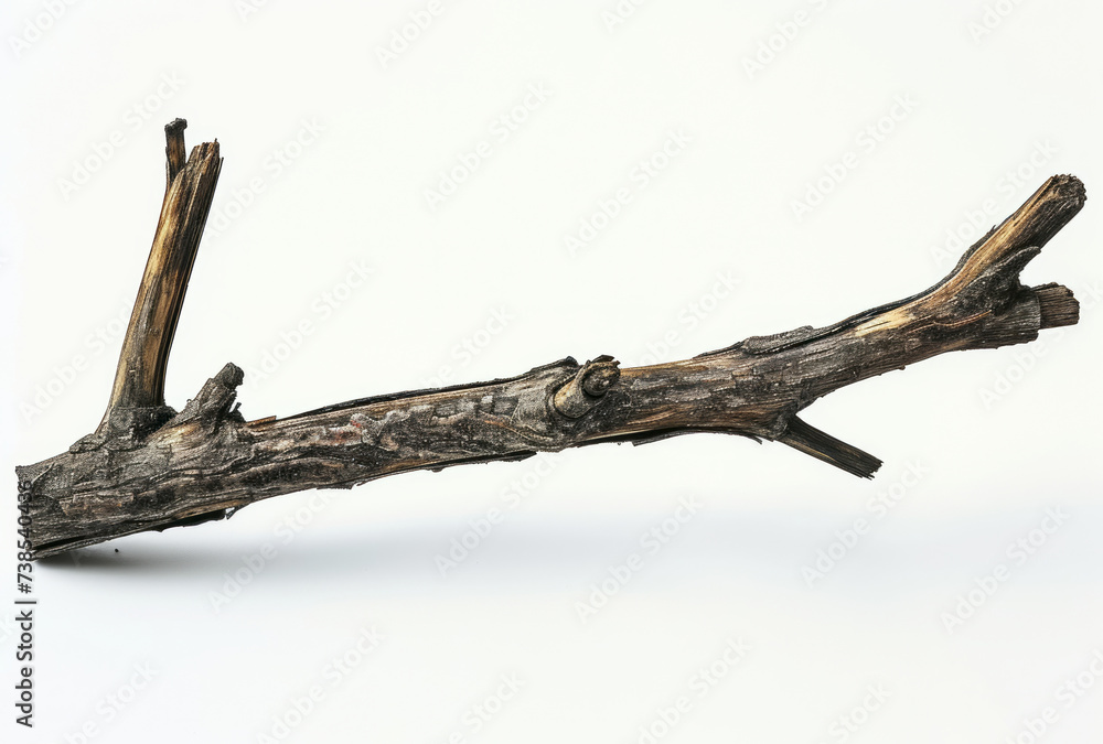 A broken wooden branch is isolated on a white background, captured with macro photography in light gray and brown hues, reflecting cabincore aesthetics and a close-up view. A broken wooden branch is isolated on a white background, captured with macro photography in light gray and brown hues, reflecting cabincore aesthetics and a close-up view.