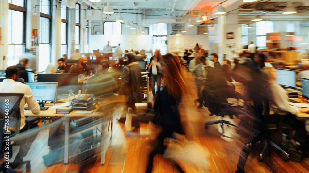 Blurry image of many people in an office.
