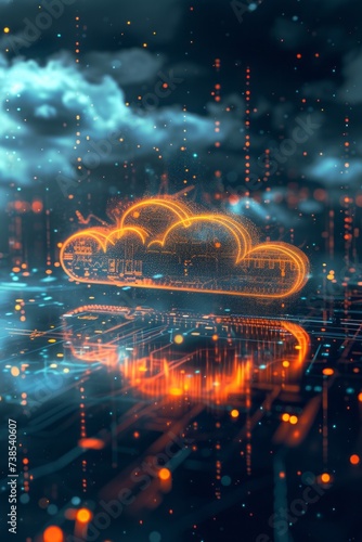 Cloud computing technology is discussed, focusing on data center, data storage, and data, in dark sky-blue and light orange hues.