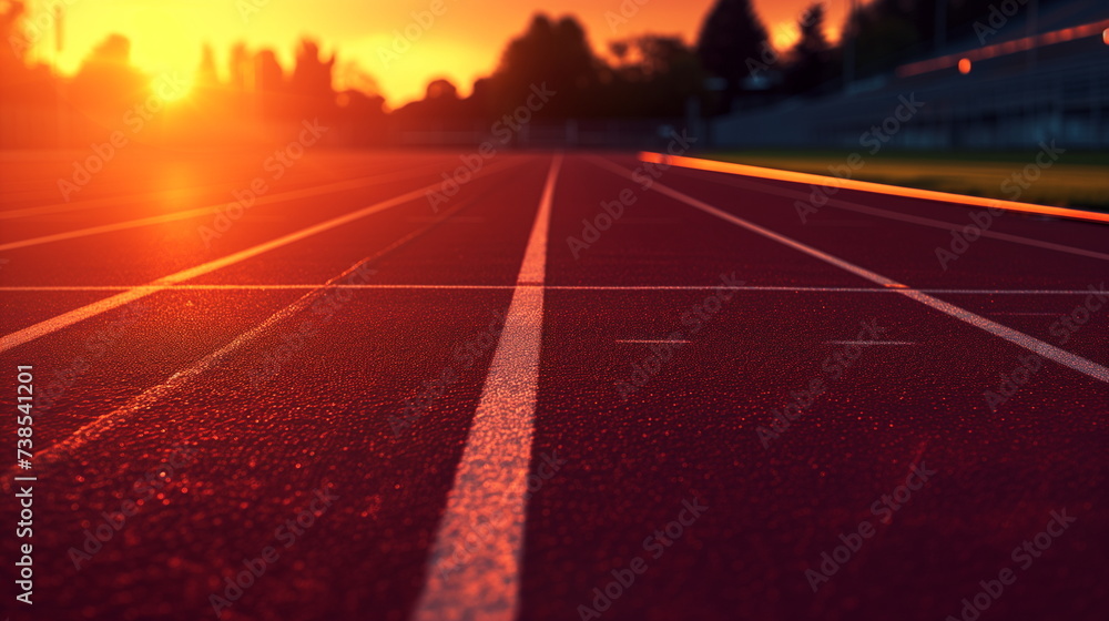 Running track lanes glowing under the warm light of a setting sun with a clear sky.