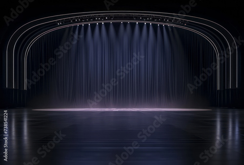 An empty stage is set against a black stage lighting background, featuring interactive installations, minimalist purity, cartelcore, and grey academia. photo