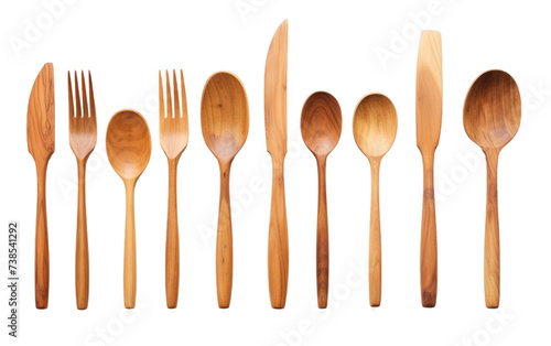 wooden cutlery. A collection of wooden spoons and forks arranged together on a table. Isolated on a Transparent Background PNG.