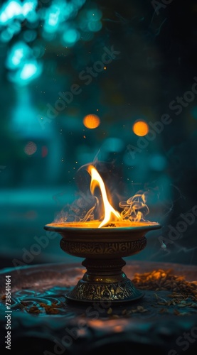 A light burns at night on a table in the street, reflecting the aesthetics of art and architecture in light gold and aquamarine hues, evoking religious themes in a warmcore aesthetic.