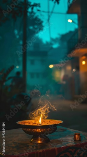 A light burns at night on a table in the street, reflecting the aesthetics of art and architecture in light gold and aquamarine hues, evoking religious themes in a warmcore aesthetic.