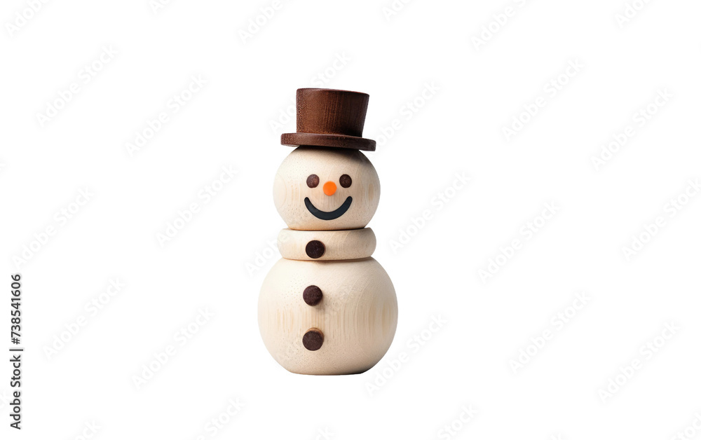 wooden snowman. A wooden snowman with a classic top hat stands in the snow, bringing a festive touch to the winter landscape. Isolated on a Transparent Background PNG.