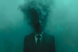 A portrait of a figure in a black suit carrying a hood is presented, featuring a ghosting effect, minimalistic symmetry, slender aesthetics, and erased and obscured elements in dark teal hues.
