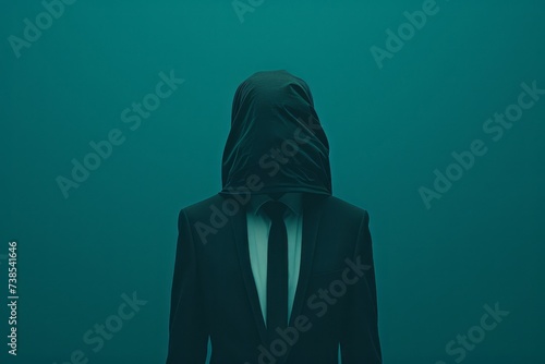A portrait of a figure in a black suit carrying a hood is presented, featuring a ghosting effect, minimalistic symmetry, slender aesthetics, and erased and obscured elements in dark teal hues.