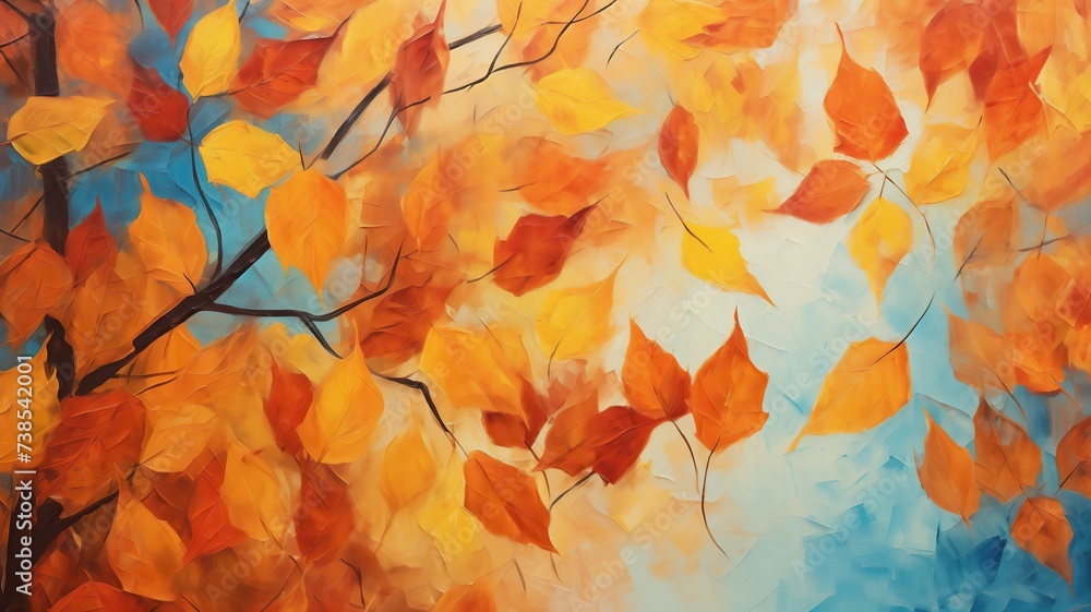 Abstract oil painting of colorful leaves in orange, red, yellow. Illustration hand painted, autumn nature, autumn season.