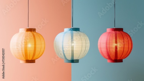Three traditional paper lanterns are hanging against a light background, featuring neo-geo minimalism, smilecore, and boldly textured surfaces