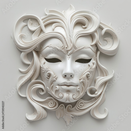 A white mask with a scrolled design on a white background, featuring lifelike figures, chiaroscuro lighting, art and architecture, ceramic street art, and art deco glamour.