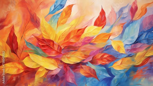 Abstract oil painting of colorful leaves in orange, red, yellow. Illustration hand painted, autumn nature, autumn season.