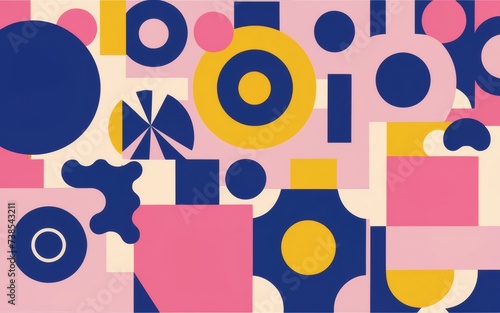 1990s with lively abstract shapes and a color palette heavily influenced by shades of pink, yellow, and blue. 