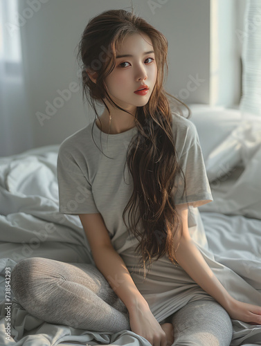 Asian beauty on a grey bed, a serene moment captured. Graceful and contemplative, she paints a picture of tranquility in shades of grey. Free Download Asian beauty on a grey bed, a serene moment captured. Graceful and contemplative, she paints a picture of tranquility in shades of grey. - GFXLoad
