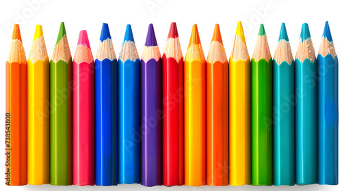 A collection of colored pencils in various colors. They are arranged in a row on a white background.