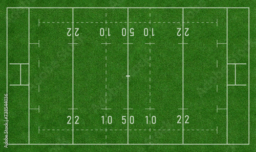 Green Rugby Field or Rugby Union Football Field Top View with Realistic Grass Texture, Realistic Rugger Rugby Football Pitch photo