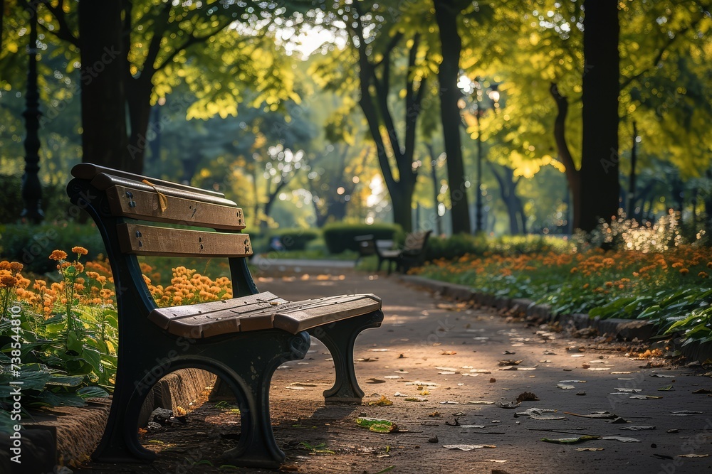 An empty bench in a peaceful autumn park at dawn with golden sunlight filtering through trees.