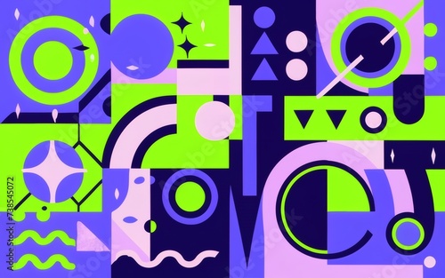 1990s-themed scene with lively abstract shapes  capturing the essence of the decade in vibrant tones of blue  purple  and lime green.