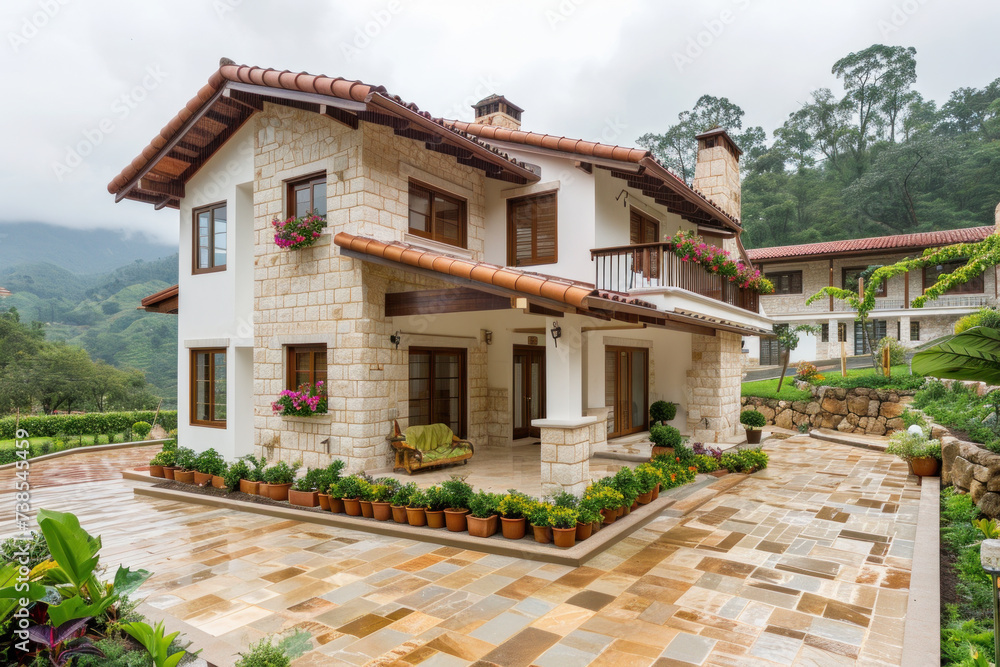 Luxury mountain villa exterior with lush landscaping. Real estate and architecture.