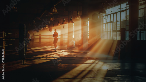 A solitary figure of a boxer stands in contemplation, surrounded by the glowing ambiance of a sun-drenched gym, rays of light casting long shadows and a sense of determination in the air.
